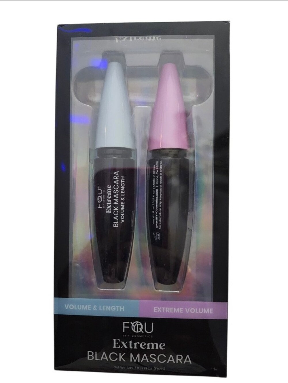 F&U Extreme Black Mascara Duo - Black with Pastel Blue & Pink Caps NEW